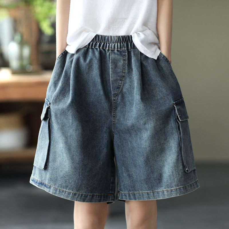 Dames Denim Shorts Elastische Taille Kunst Grote Zakken Wijde Pijpen Casual