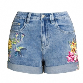 Dames Denim Shorts Wijde Pijpen Stretch Geborduurde Bloemen