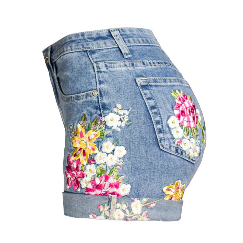 Dames Denim Shorts Wijde Pijpen Stretch Geborduurde Bloemen