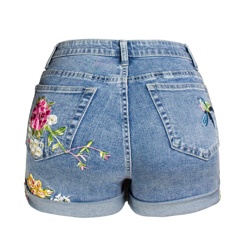 Dames Denim Shorts Wijde Pijpen Stretch Geborduurde Bloemen