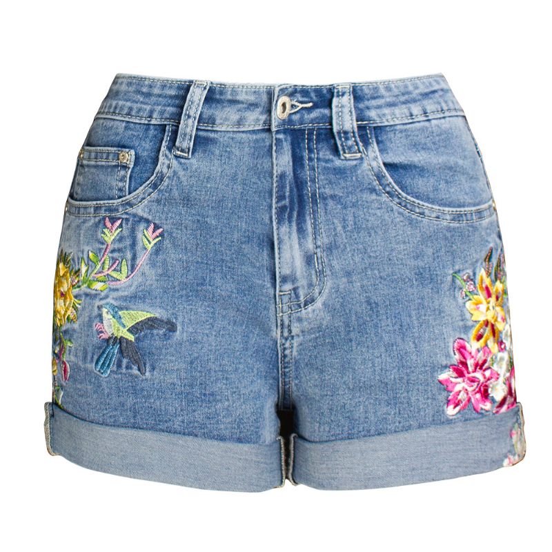 Dames Denim Shorts Wijde Pijpen Stretch Geborduurde Bloemen