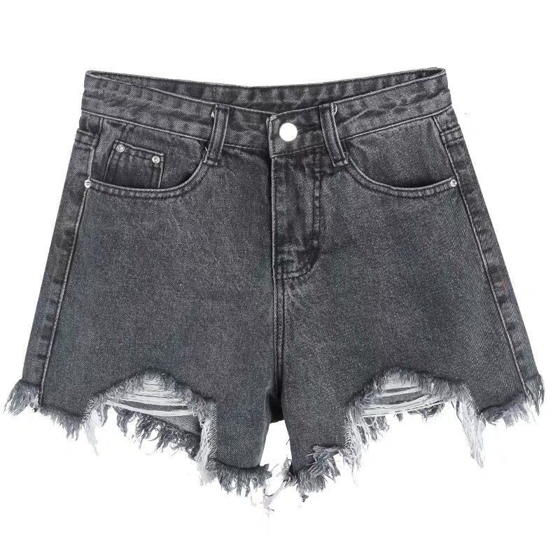 Dames Denim Shorts Zwart Grijs Hoge Taille Gaten Wijde Pijpen