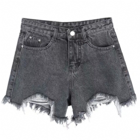 Dames Denim Shorts Zwart Grijs Hoge Taille Gaten Wijde Pijpen