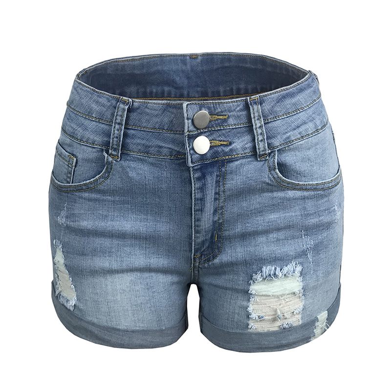 Damesshort Trendy Gaten Gerolde Elastische Hoge Taille Denim