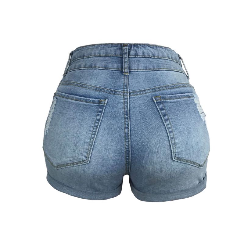 Damesshort Trendy Gaten Gerolde Elastische Hoge Taille Denim