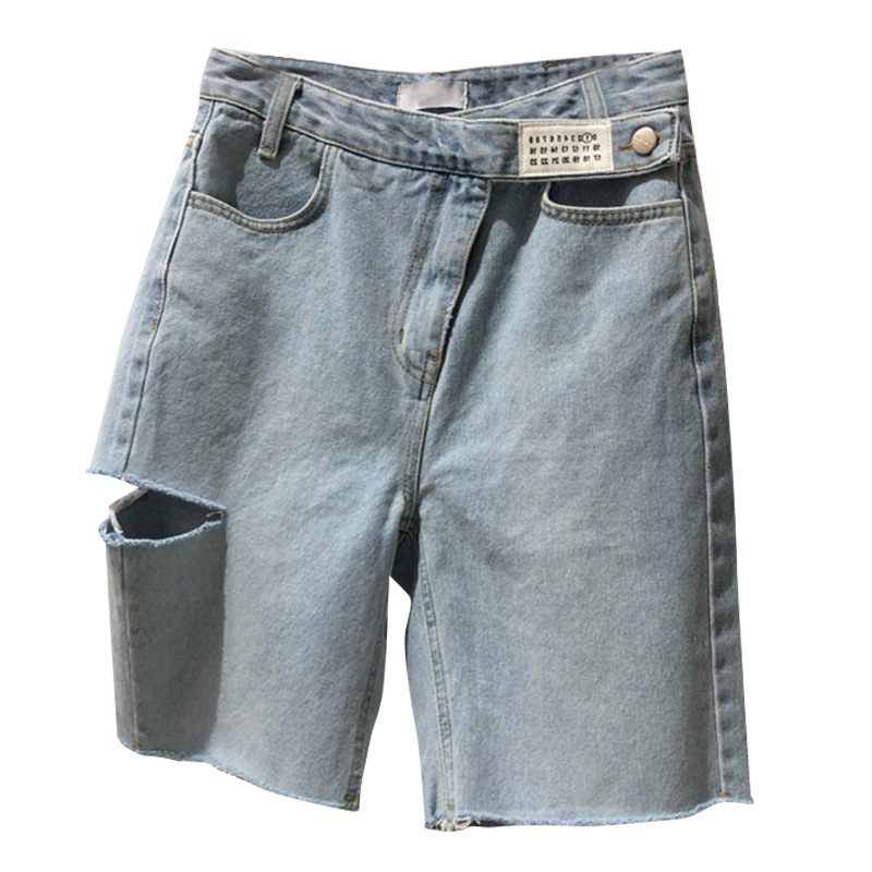 Damesshorts Middellange Broeken Hoge Taille Vijf Punten Gaten Rechte Jeans