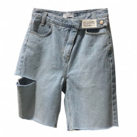 Damesshorts Middellange Broeken Hoge Taille Vijf Punten Gaten Rechte Jeans