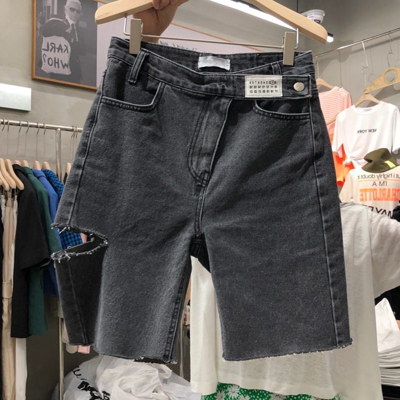 Damesshorts Middellange Broeken Hoge Taille Vijf Punten Gaten Rechte Jeans