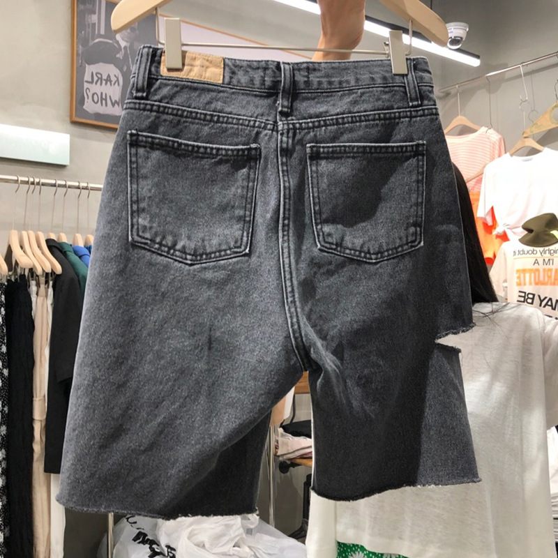 Damesshorts Middellange Broeken Hoge Taille Vijf Punten Gaten Rechte Jeans