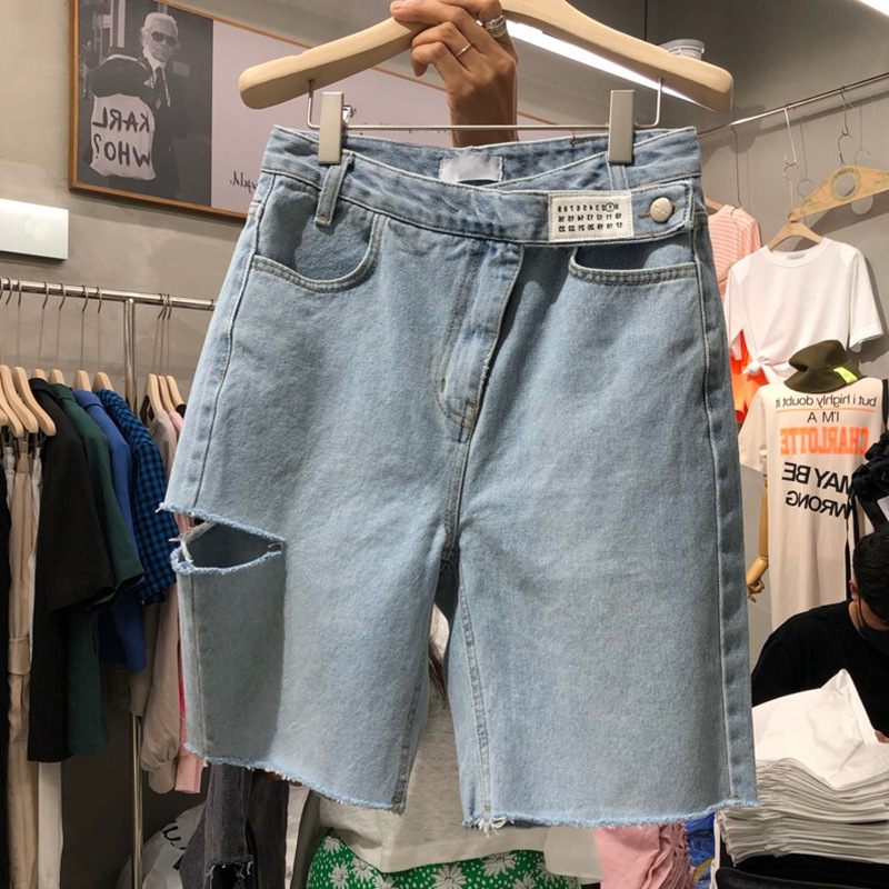 Damesshorts Middellange Broeken Hoge Taille Vijf Punten Gaten Rechte Jeans