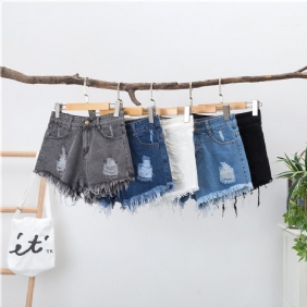 Denim Short Met Wijde Pijpen Voor Dames Hoge Taille Wijd Gescheurd