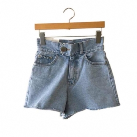 Denim Short Voor Dames Blauw Hoge Taille Één Knop