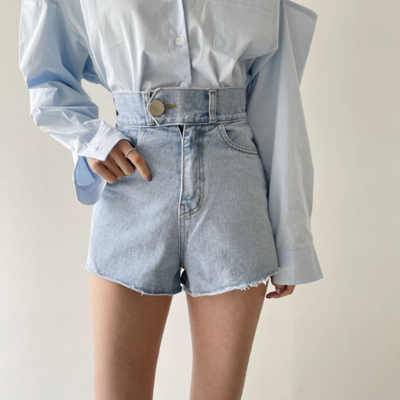 Denim Short Voor Dames Blauw Hoge Taille Één Knop