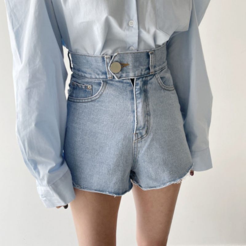 Denim Short Voor Dames Blauw Hoge Taille Één Knop