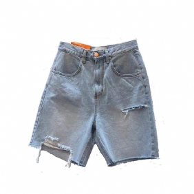 Denim Short Voor Dames Gescheurd Hoge Taille Recht