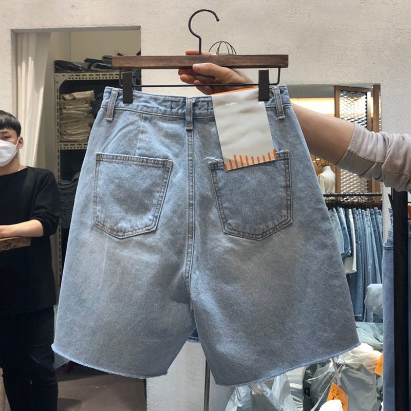 Denim Short Voor Dames Gescheurd Hoge Taille Recht