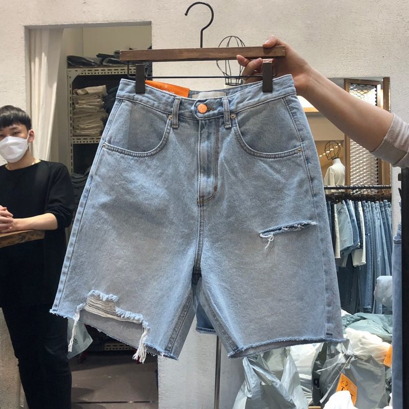 Denim Short Voor Dames Gescheurd Hoge Taille Recht