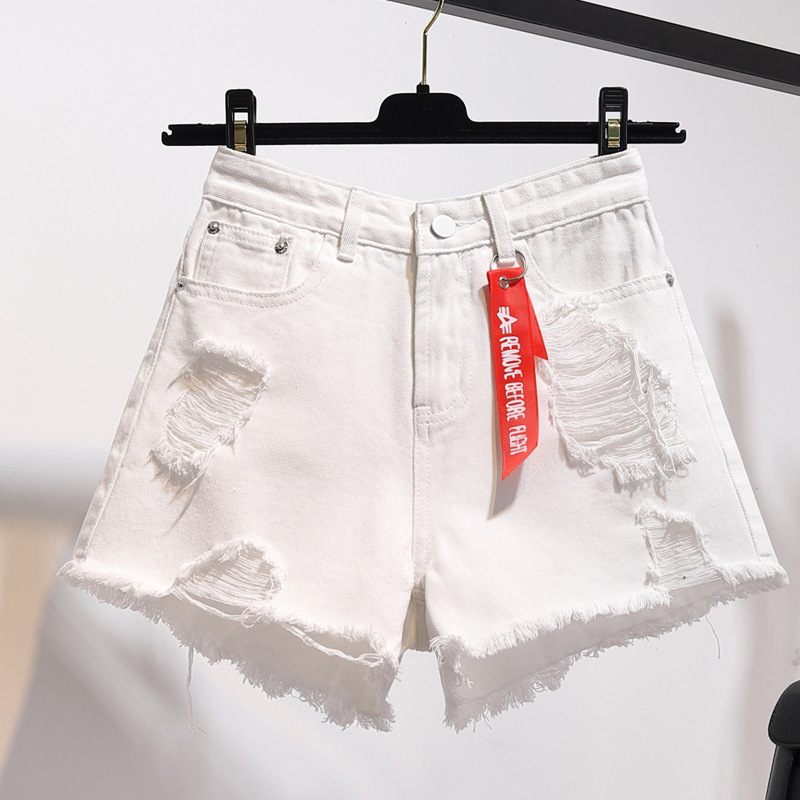 Denim Shorts Dames Hoge Taille Losse Gaten Wijde Pijpen