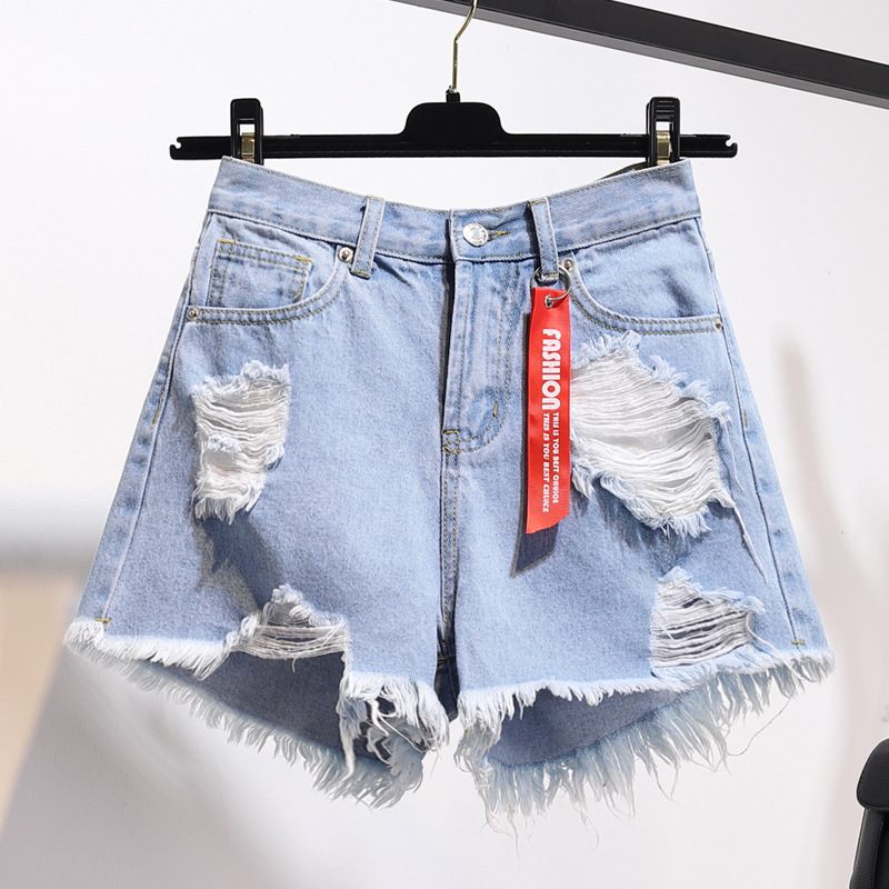 Denim Shorts Dames Hoge Taille Losse Gaten Wijde Pijpen