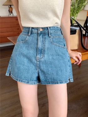 Denim Shorts Dames Zomer Nieuwe Spleet Hotpants Hoge Taille Dunne A-lijn Broek Met Wijde Pijpen