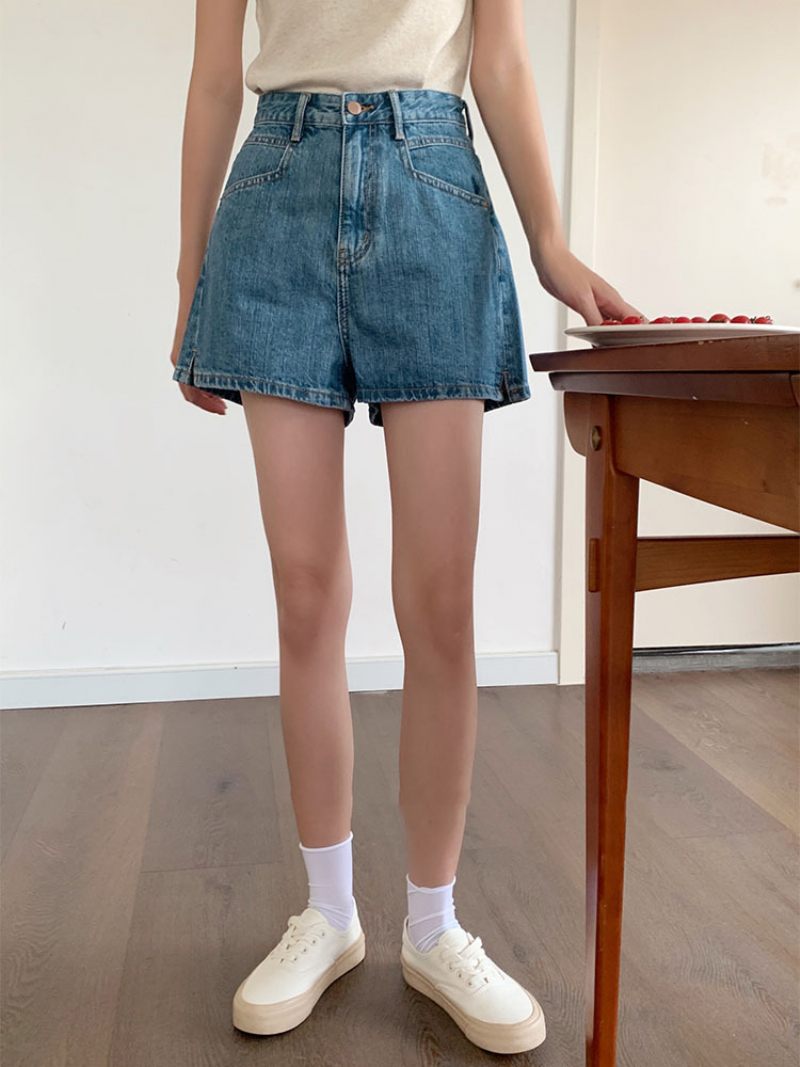 Denim Shorts Dames Zomer Nieuwe Spleet Hotpants Hoge Taille Dunne A-lijn Broek Met Wijde Pijpen