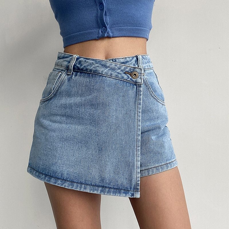 Denim Shorts Met Hoge Taille Dames Lichte Kleur Nep Tweedelig Temperament