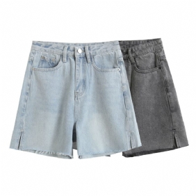 Denim Shorts Met Wijde Pijpen Dames Zijsplit Ruwe Rand Hoge Taille