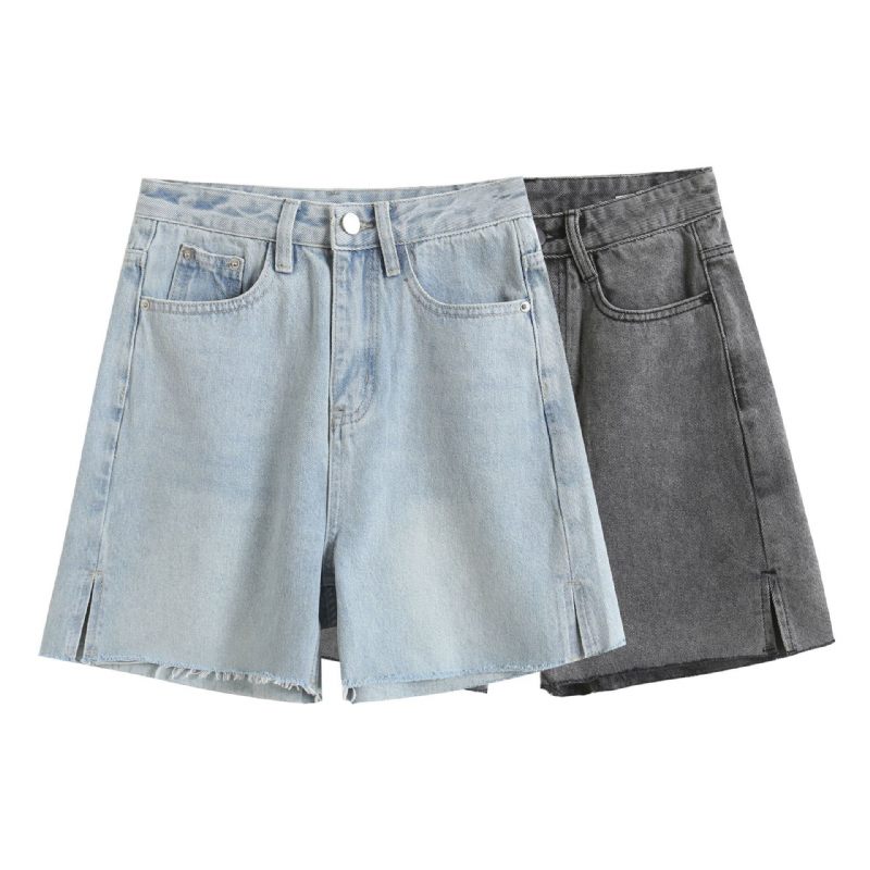 Denim Shorts Met Wijde Pijpen Dames Zijsplit Ruwe Rand Hoge Taille