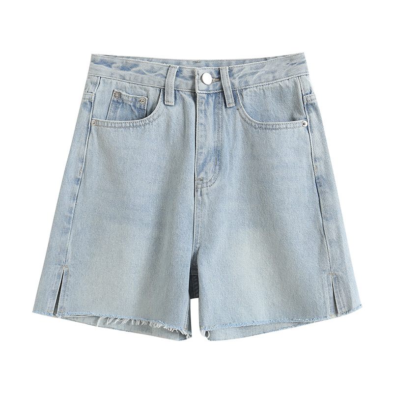 Denim Shorts Met Wijde Pijpen Dames Zijsplit Ruwe Rand Hoge Taille