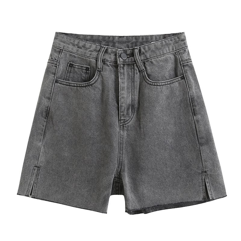 Denim Shorts Met Wijde Pijpen Dames Zijsplit Ruwe Rand Hoge Taille