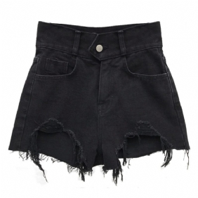 Denim Shorts Voor Dames Hoge Taille Lang Dun Gebroken Gaten Effen Kleur