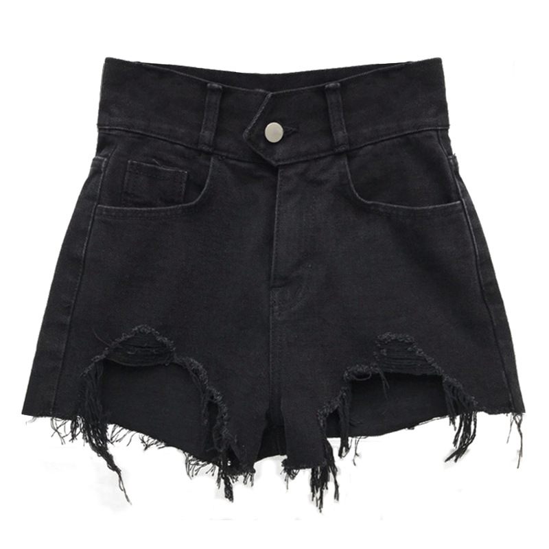 Denim Shorts Voor Dames Hoge Taille Lang Dun Gebroken Gaten Effen Kleur