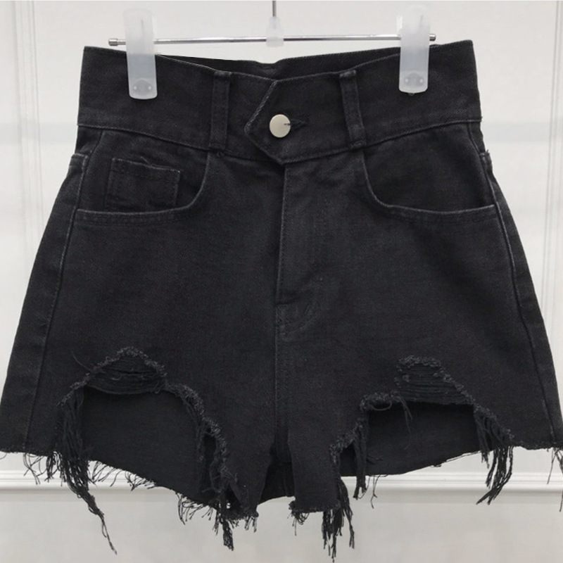 Denim Shorts Voor Dames Hoge Taille Lang Dun Gebroken Gaten Effen Kleur