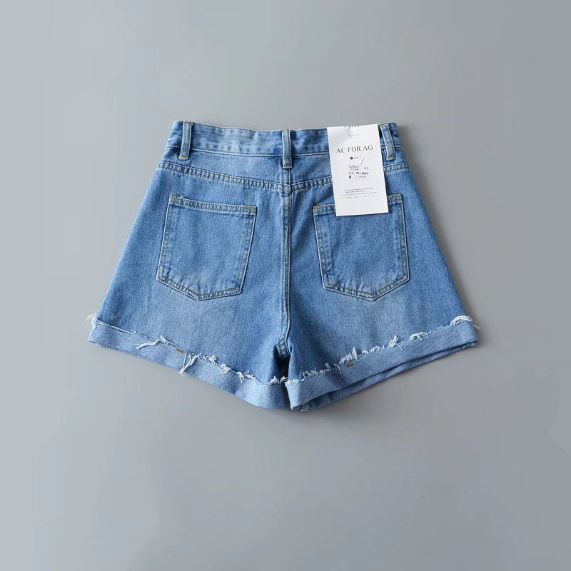 Denim Shorts Voor Dames Hoge Taille Wijde Pijpen Normaal Recht Opgerold Modieus Casual