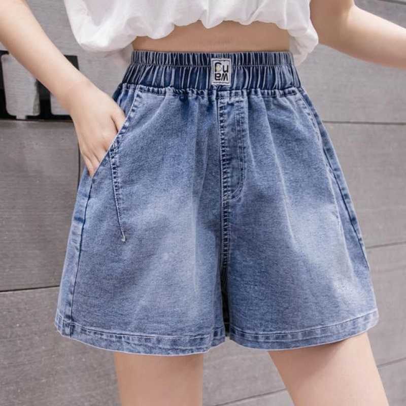 Elastische Taille Dunne Denim Shorts Dames Losse Hoge Wijde Pijpen Hotpants