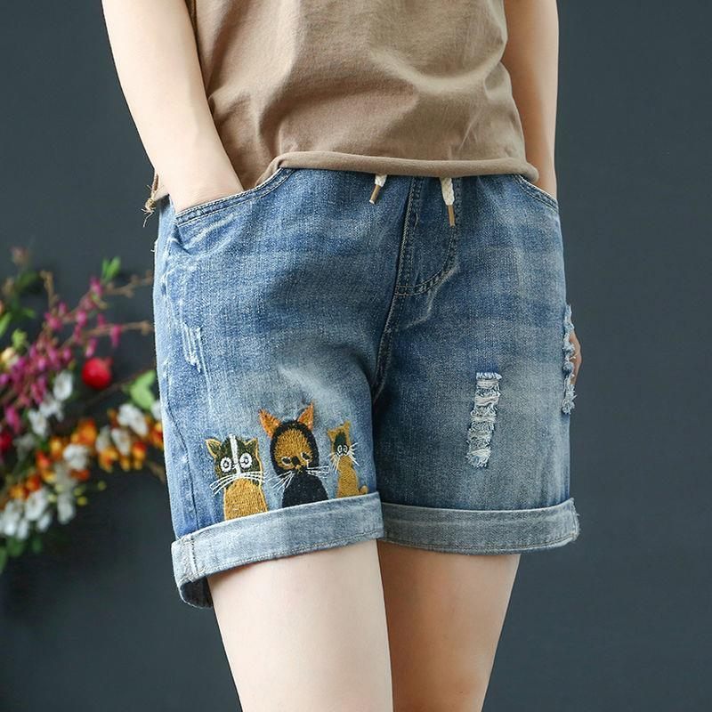 Elastische Taille Gescheurde Denim Shorts Dames Hoge Los Recht Casual Retro Borduursel