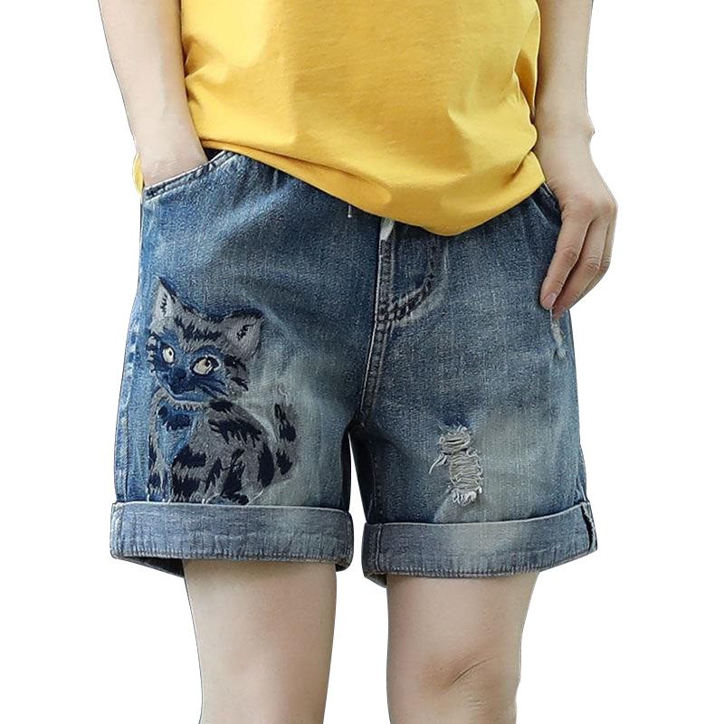 Elastische Taille Gescheurde Denim Shorts Dames Hoge Los Recht Casual Retro Borduursel