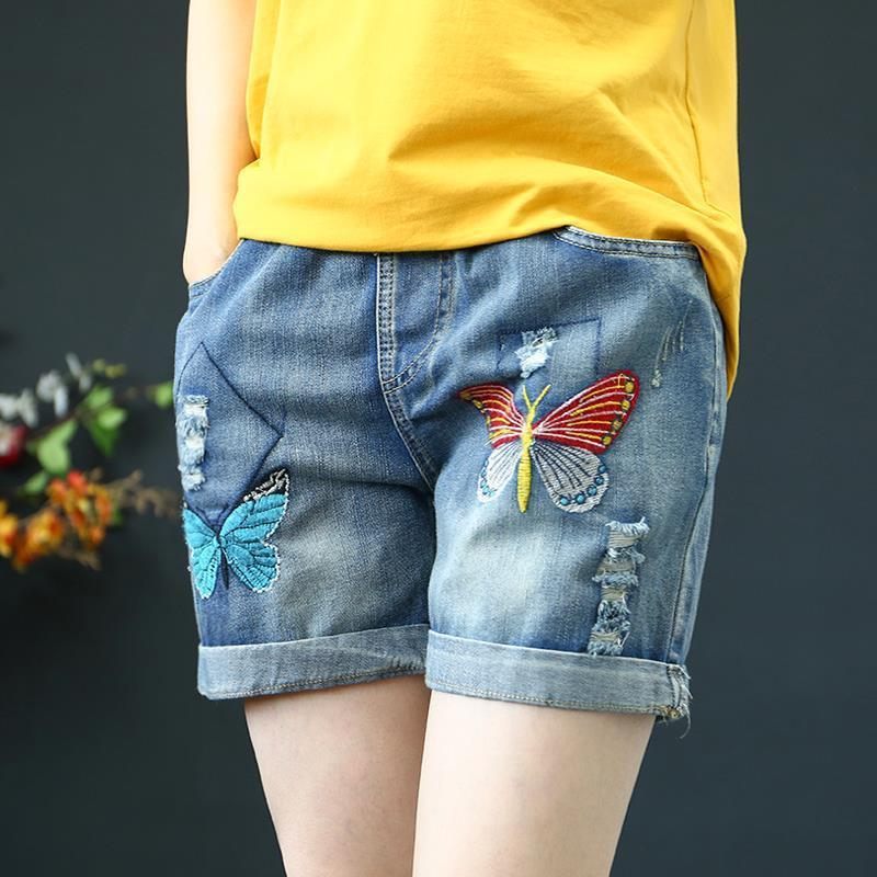 Elastische Taille Gescheurde Denim Shorts Dames Hoge Los Recht Casual Retro Borduursel