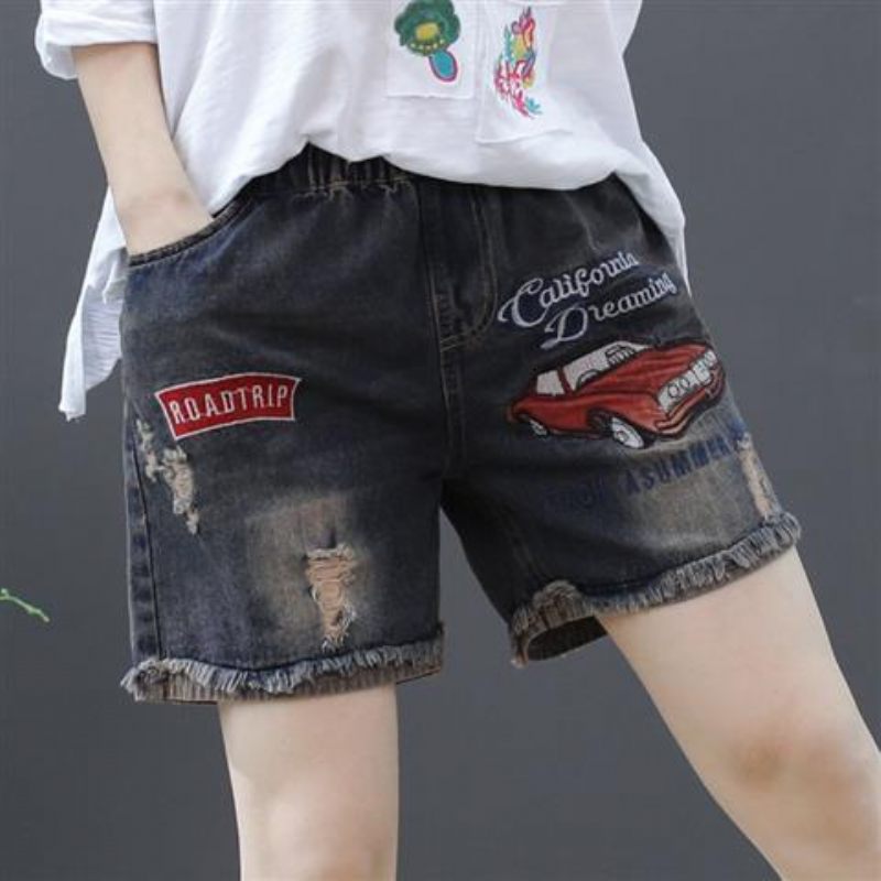 Elastische Taille Gescheurde Denim Shorts Dames Hoge Los Recht Casual Retro Borduursel