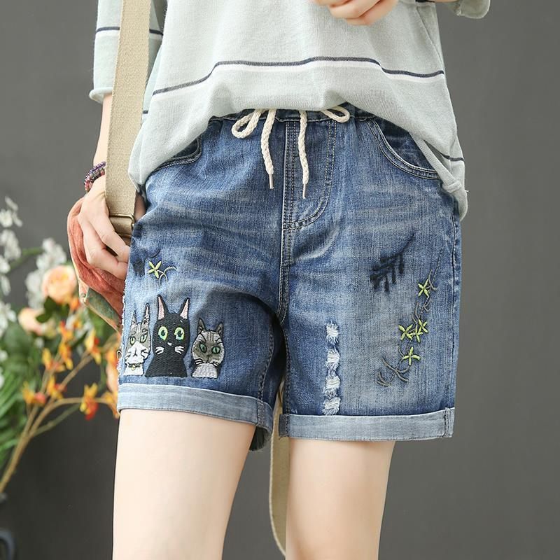 Elastische Taille Gescheurde Denim Shorts Dames Hoge Los Recht Casual Retro Borduursel