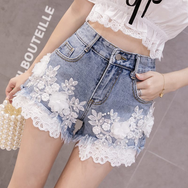 Geborduurde Bloemen Denim Shorts Dames Hoge Taille Losse Wijde Pijpen