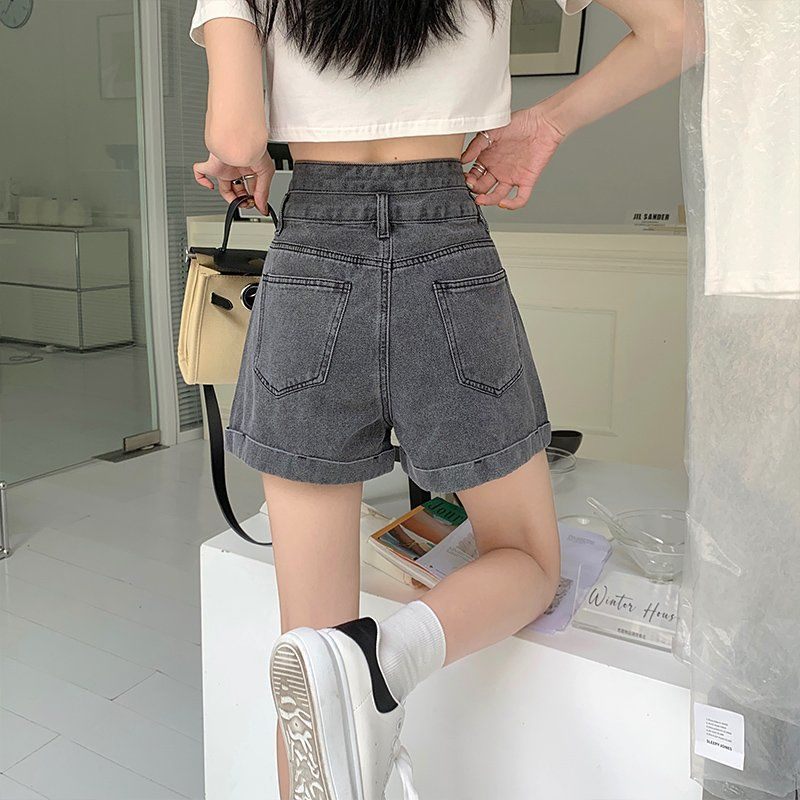 Hoge Taille Opgerolde Denim Shorts Dames Losse Wijde Pijpen