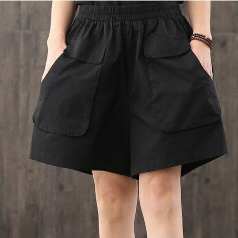 Katoenen Shorts Dames Losse Hoge Taille Zwart