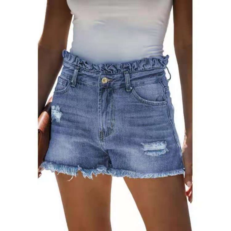 Lichtblauwe Gescheurde Denim Short Dames Met Hoge Taille En Ruches