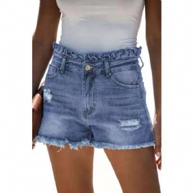 Lichtblauwe Gescheurde Denim Short Dames Met Hoge Taille En Ruches