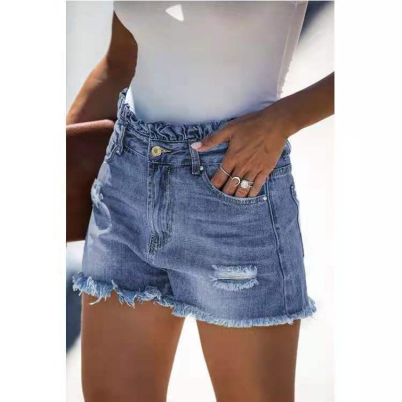 Lichtblauwe Gescheurde Denim Short Dames Met Hoge Taille En Ruches