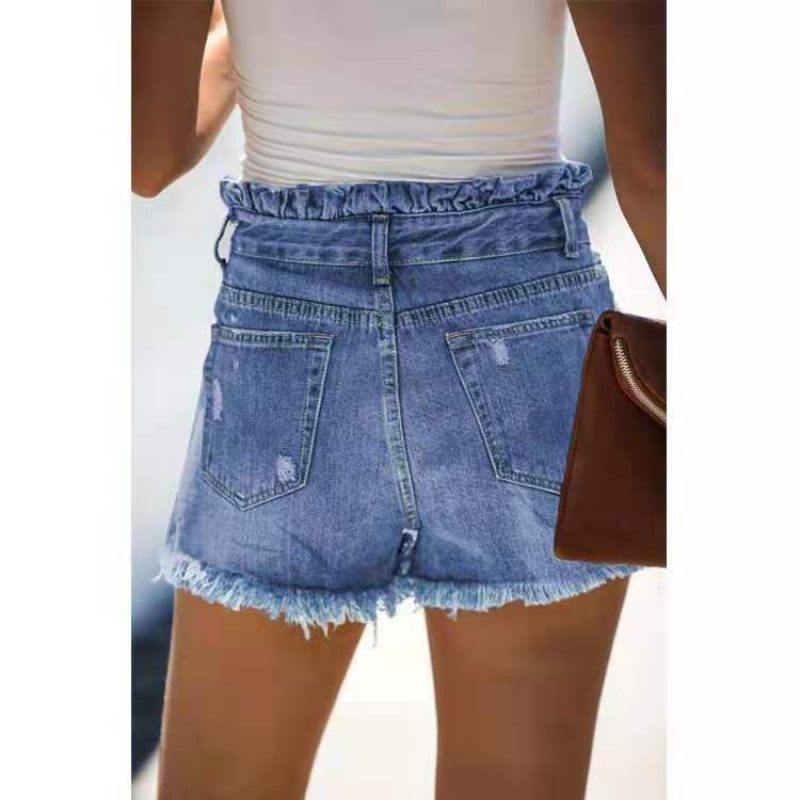 Lichtblauwe Gescheurde Denim Short Dames Met Hoge Taille En Ruches