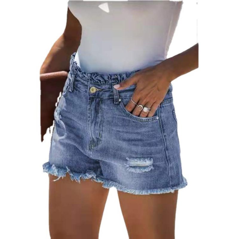 Lichtblauwe Gescheurde Denim Short Dames Met Hoge Taille En Ruches