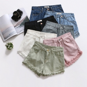 Slim Fit Snoep Kleur Denim Shorts Dames Ruwe Randen Kwastje Hotpants