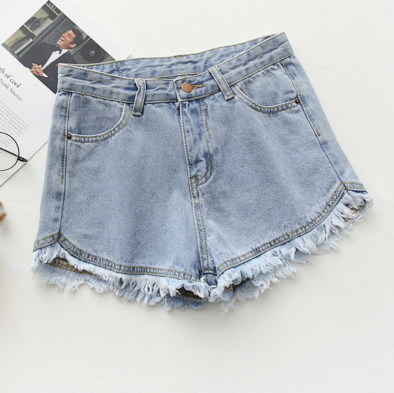 Slim Fit Snoep Kleur Denim Shorts Dames Ruwe Randen Kwastje Hotpants